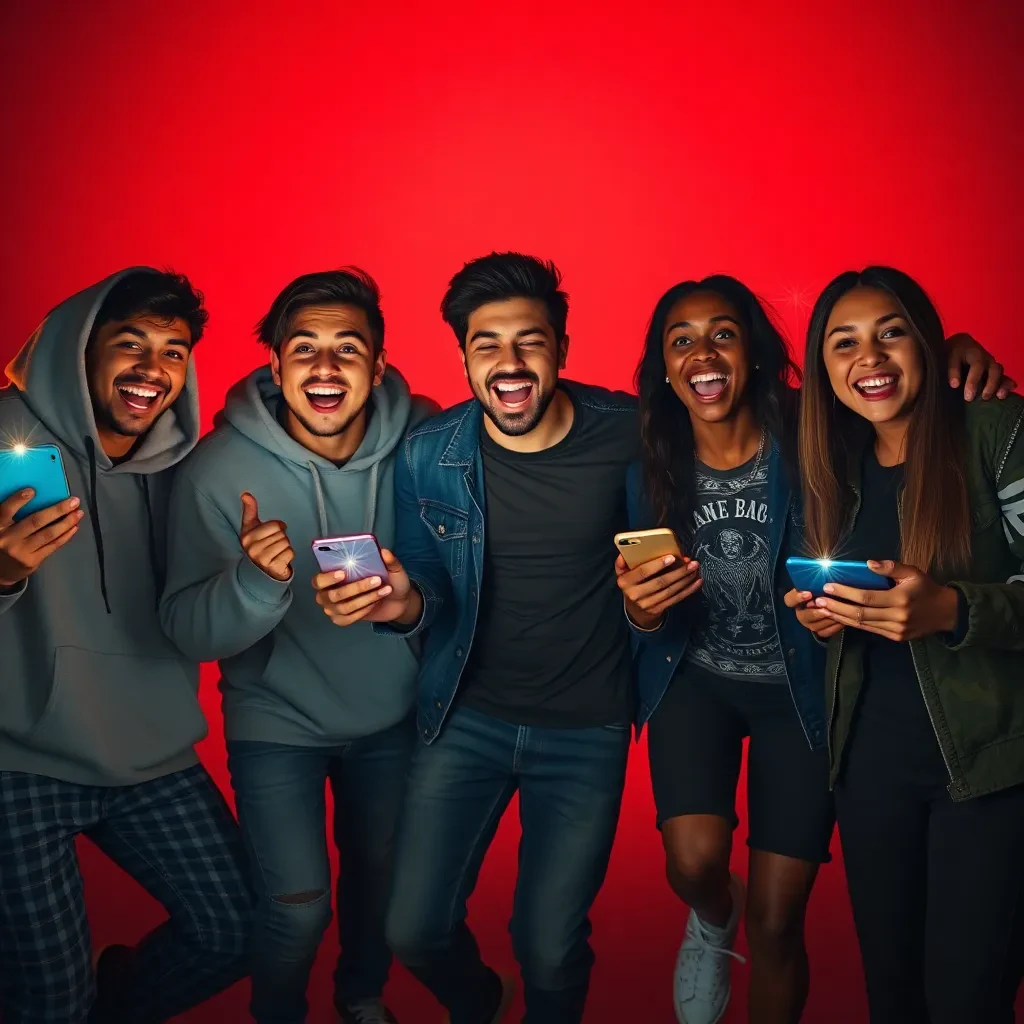 Diverse young adults enjoying live streaming on their phones with excited expressions