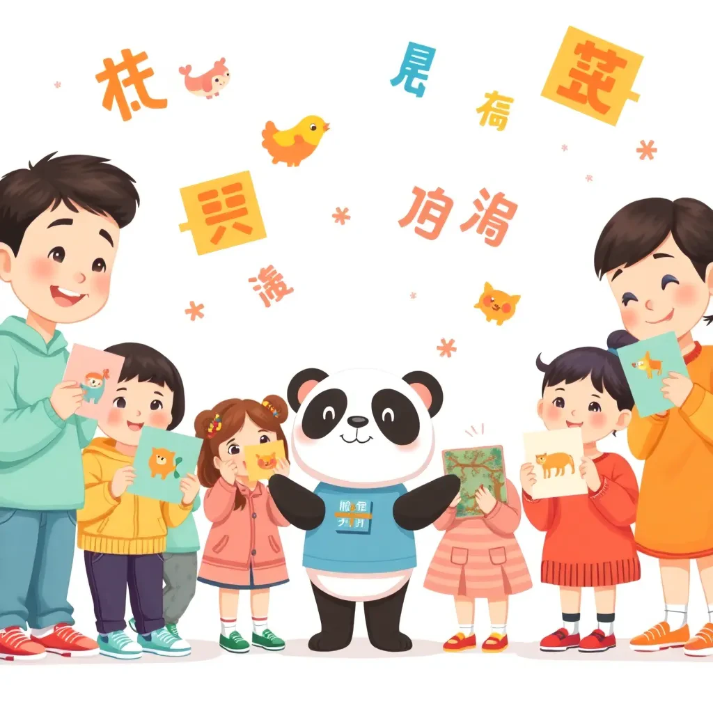 Kanak-kanak gembira belajar Mandarin dengan ilustrasi haiwan dan aksara Cina