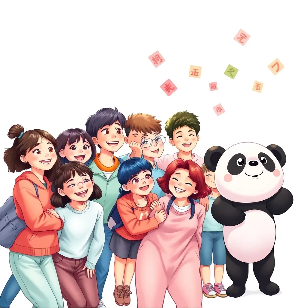 Ilustrasi pelajar gembira belajar Mandarin bersama maskot panda